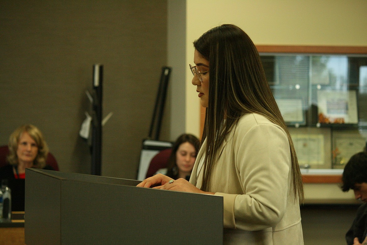 Nallely Escobedo tells her story to the Moses Lake School Board at its June 9 meeting. Escobedo spearheaded the effort to provide glasses to students in the district’s migrant program.