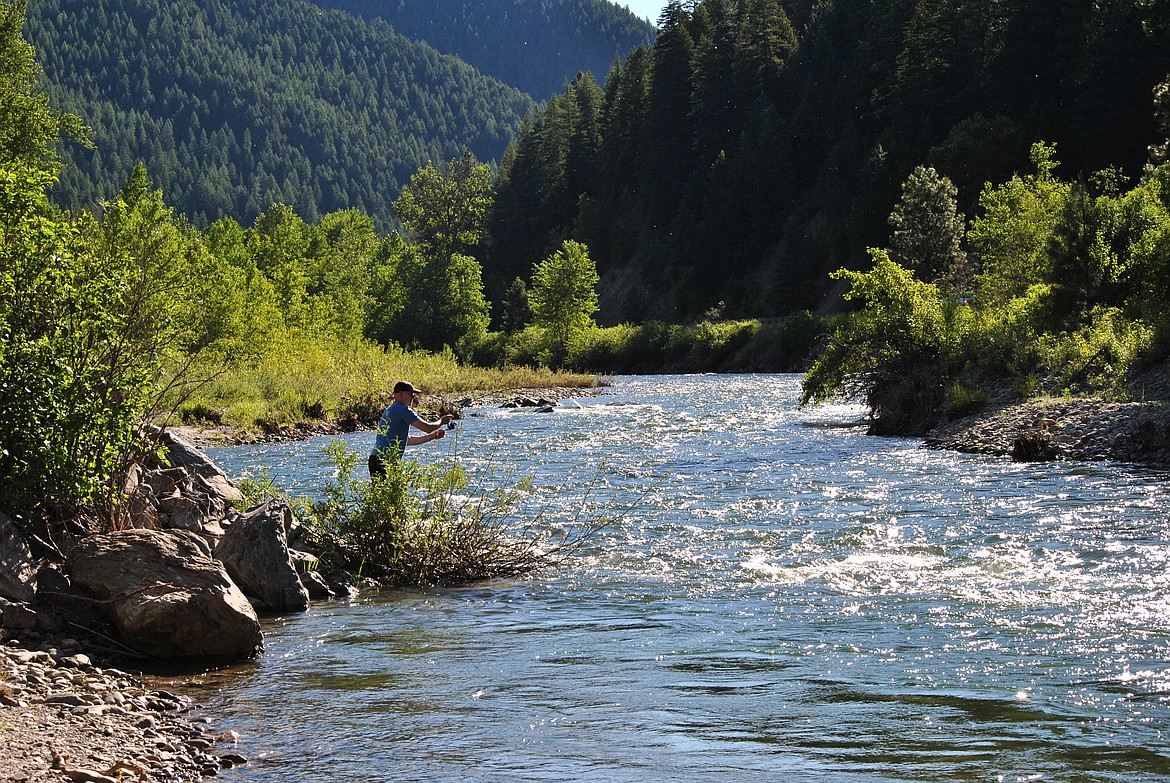 An angler tries his luck on the quiet but fast moving St. Regis River last week. Flow rates have been falling over the past week but a string of warm days may keep water levels running above average as more snow from higher elevations melt off. (Mineral Independent/Amy Quinlivan)