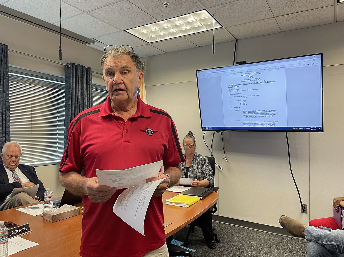 Terry Quick, in charge of organizing the Moses Lake Airshow, briefs Port of Moses Lake commissioners and other attendees of the regular commission meeting on Monday about the number of people who attended and some of the costs associated with this year’s airshow.