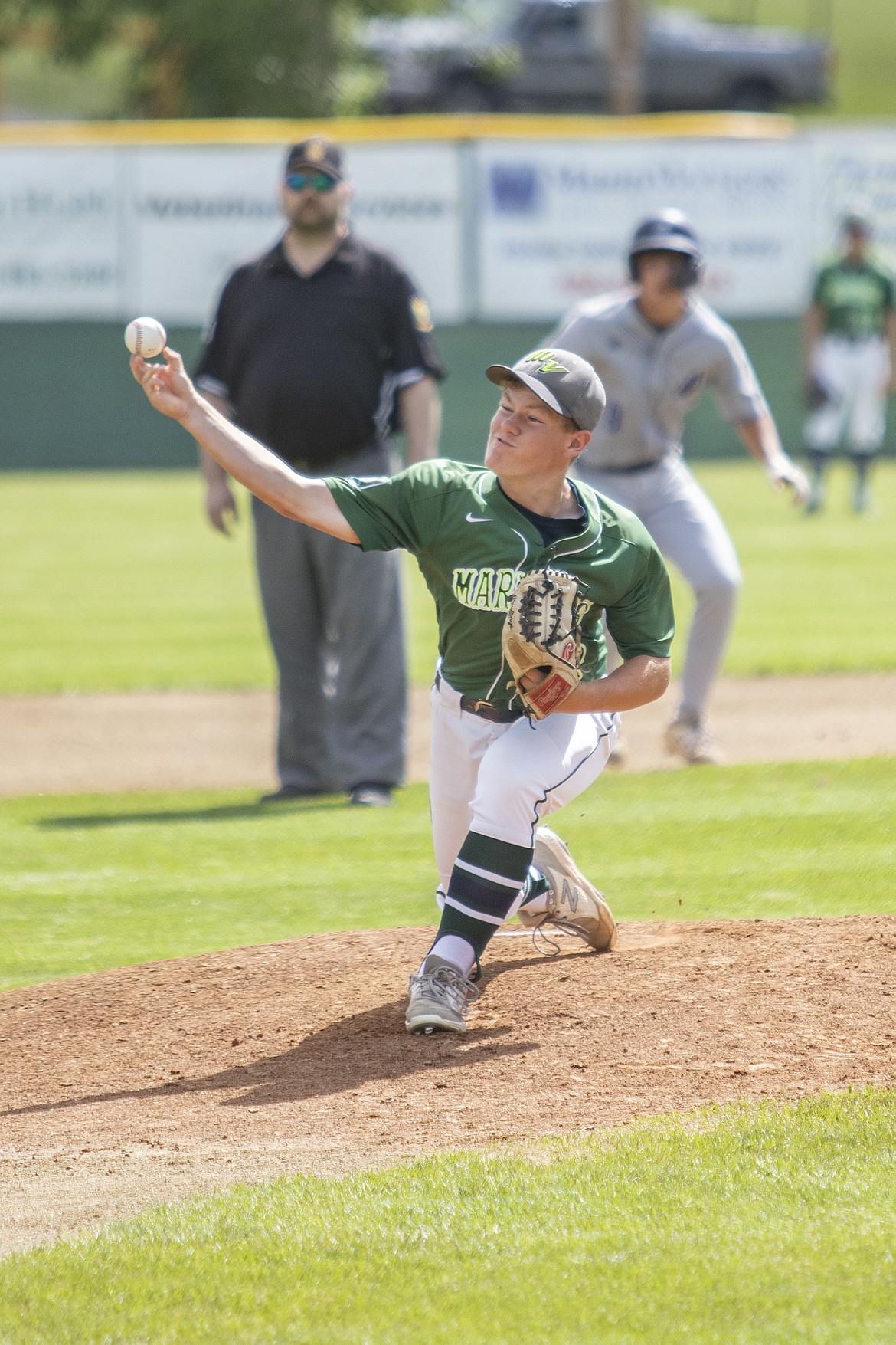 Mission Valley Mariner pitcher Wyatt Wadsworth fires a strike across the plate. (Rob Zolman/Lake County Leader)