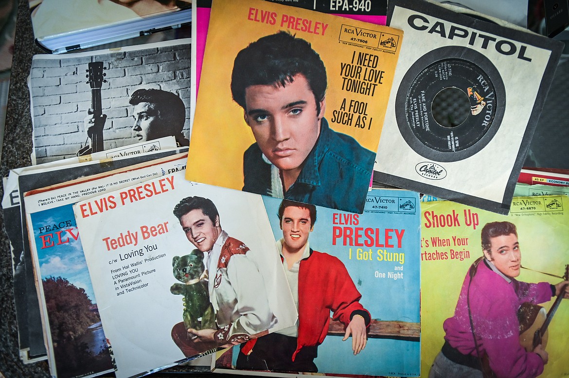 A collection of Elvis Presley 45 RPM records and memorabilia belonging to Priscilla Alden French on Tuesday, June 28. (Casey Kreider/Daily Inter Lake)