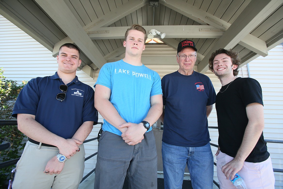 Coeur d'Alene American Legion Post 14 sponsored three local young men to attend Gem Boys State in mid-June. From left: Jayden LaVecchia, Austin Mahnke, Post Commander Pat Tatum and Bobby Dorame.