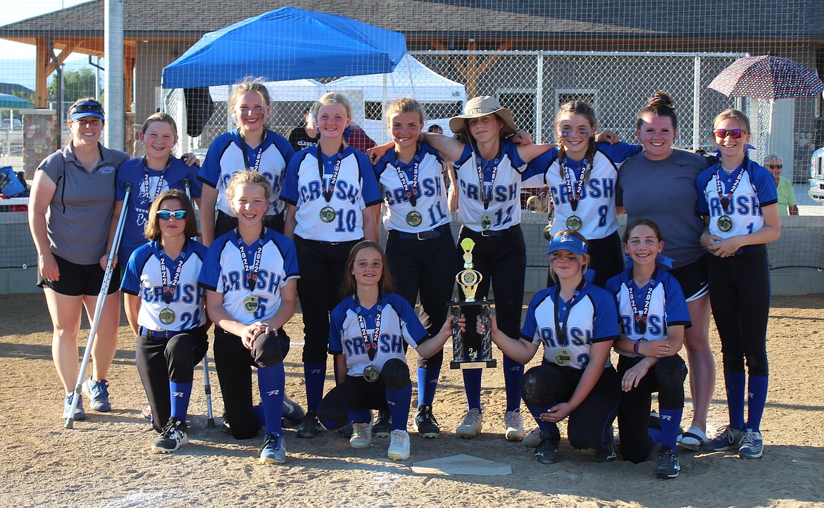 Courtesy photo
The Coeur d’Alene Crush 12U softball took second place at the Avalanche Rumble tournament last weekend in Missoula with a 4-2 record, scoring 55 runs and allowing 22 runs in six games. In the front row from left are Malena Munoz, Sophia Piekarski, Ada Blakemore, Kadence Barcus and Paityn Froman; and back row from left, coach Patti Davenport, Jenna Davenport, Maddy Pratt, Madeline Peterson, Reese Vanek, Emme Bond, Rylan Morrison, coach Bailey Cavanagh and Molly Nelson.