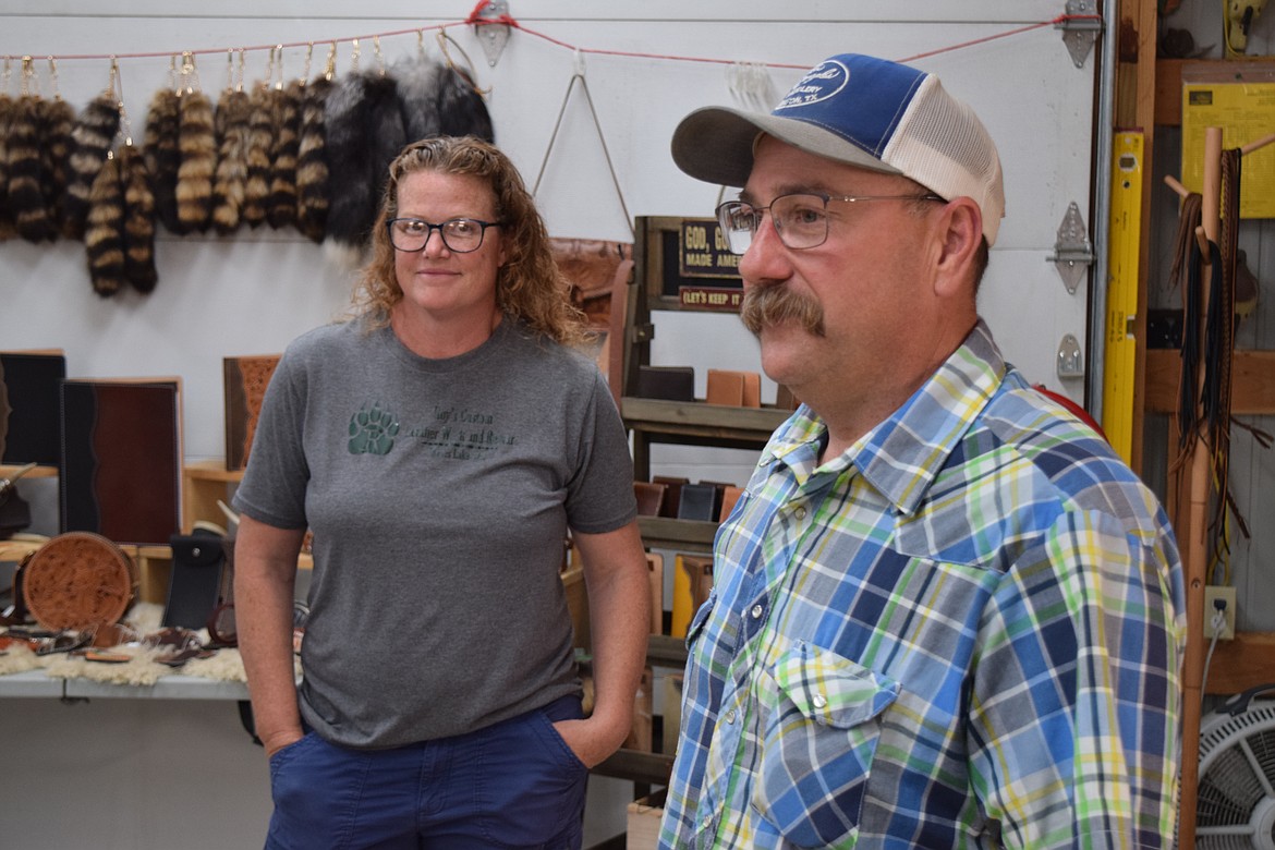 Trudie Roy (left) and Jereme Roy of Roy’s Custom Leather Work and Repair, in his workshop northwest of Moses Lake. Together, the Roys make a number of leather items — wallets, purses, handbags, folders — that they sell at local farmers markets, rodeos and horse shows.