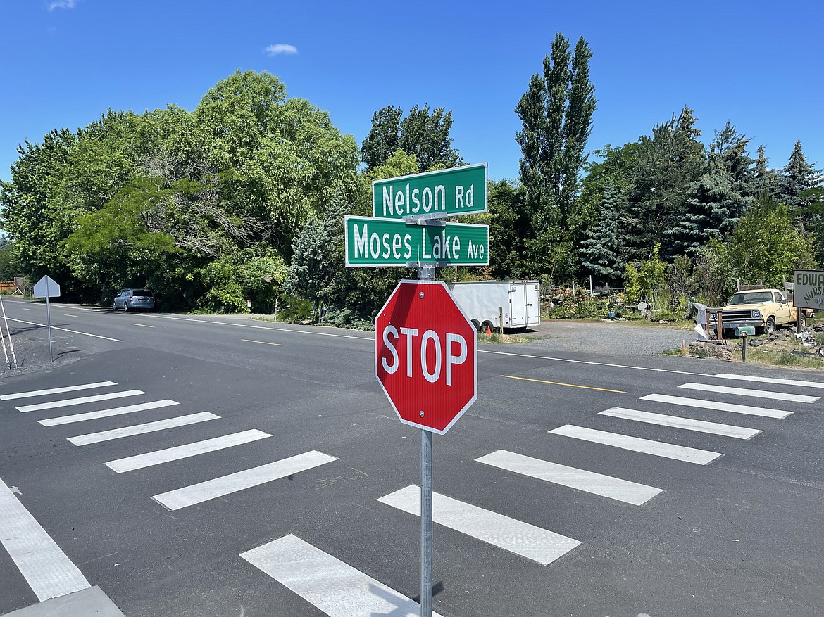 The intersection of Nelson Road and Moses Lake Avenue not far from Groff Elementary School as seen from the southeast corner. At a regular city council meeting on Tuesday, the city council approved an agreement to jointly build a walking path along the north side of Nelson Road to help kids walk more safely to school.