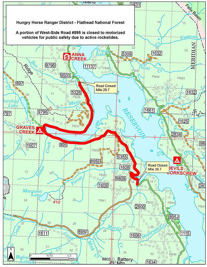 A map shows a road closure along Hungry Horse Resevoir.
