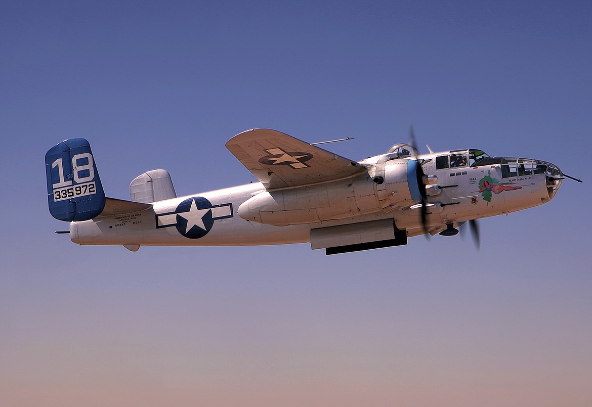The B-25 Mitchell known as "Maid in the Shade" in flight. The aircraft, a combat veteran of World War II, will be available for viewing at Glacier International Airport this week. (Photo courtesy The Airbase Arizona Flying Museum)