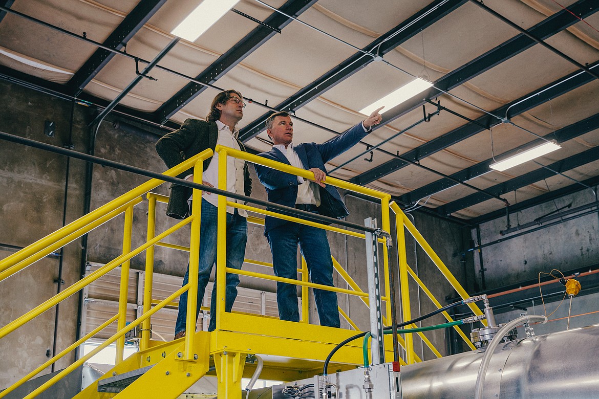 Group14 Technologies co-founders Rick Costantino, chief technology officer, and Rick Luebbe, chief executive officer, in the company’s newly completed Woodinville production facility. Luebbe said Group14 is planning to build a much larger facility in Moses Lake.