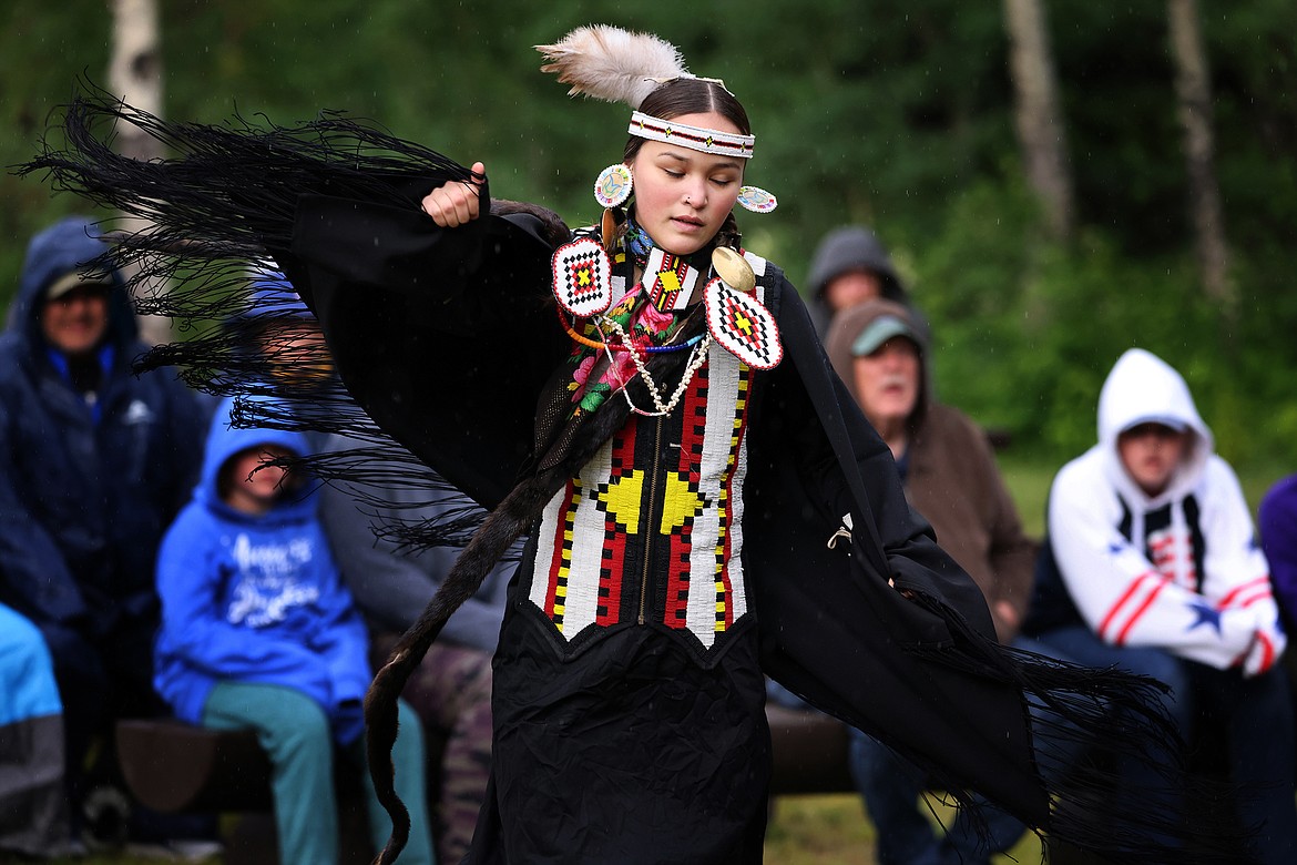 Blackfeet fancy dancer Rae Croff shows her skills to the crowd at Rising Sun Wednesday as part of Glacier National Park's Native America Speaks program. (Jeremy Weber/Daily Inter Lake)