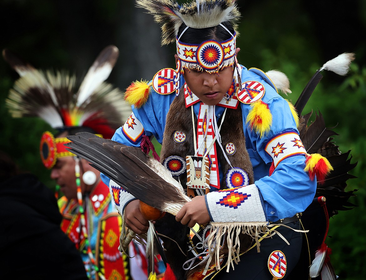 Camdon Croff performs with the Blackfeet Singers and Dancers at Rising Sun Wednesday, June 29 as part of Glacier National Park's Native America Speaks program. (Jeremy Weber/Daily Inter Lake)
