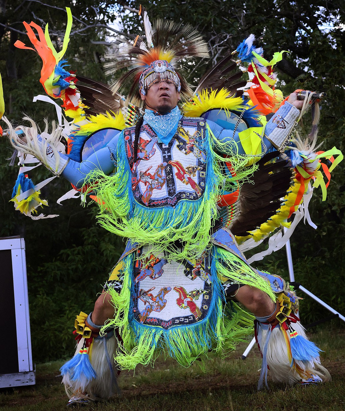 Blackfeet fancy dancer Alden SpoonHunter performs at Rising Sun Wednesday, June 29 as part of Glacier National Park's Native America Speaks program. (Jeremy Weber/Daily Inter Lake)