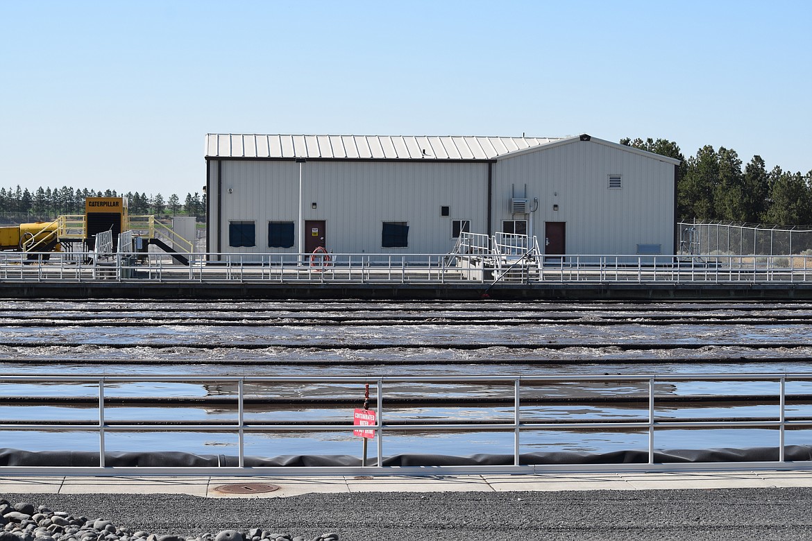 Water bubbles in one of the pools where bacteria are used to break down organic sewage in city wastewater at the city of Moses Lake’s Dunes Wastewater Treatment Plant.