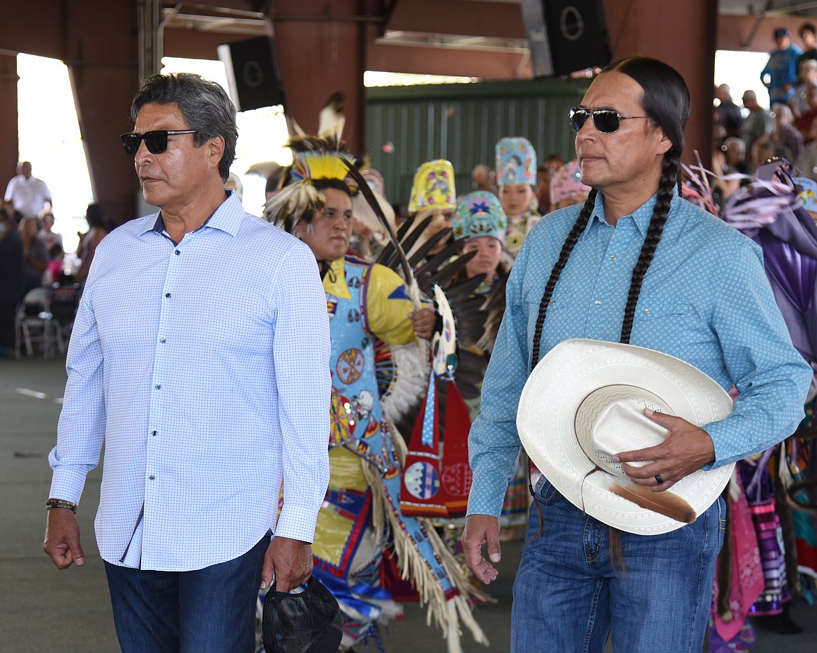 Gil Birmingham and Mo Brings Plenty from 'Yellowstone' fame made a surprise appearance at the Arlee Pow Wow and participated in the Grand Entry. (Marla Hall/For the Leader)