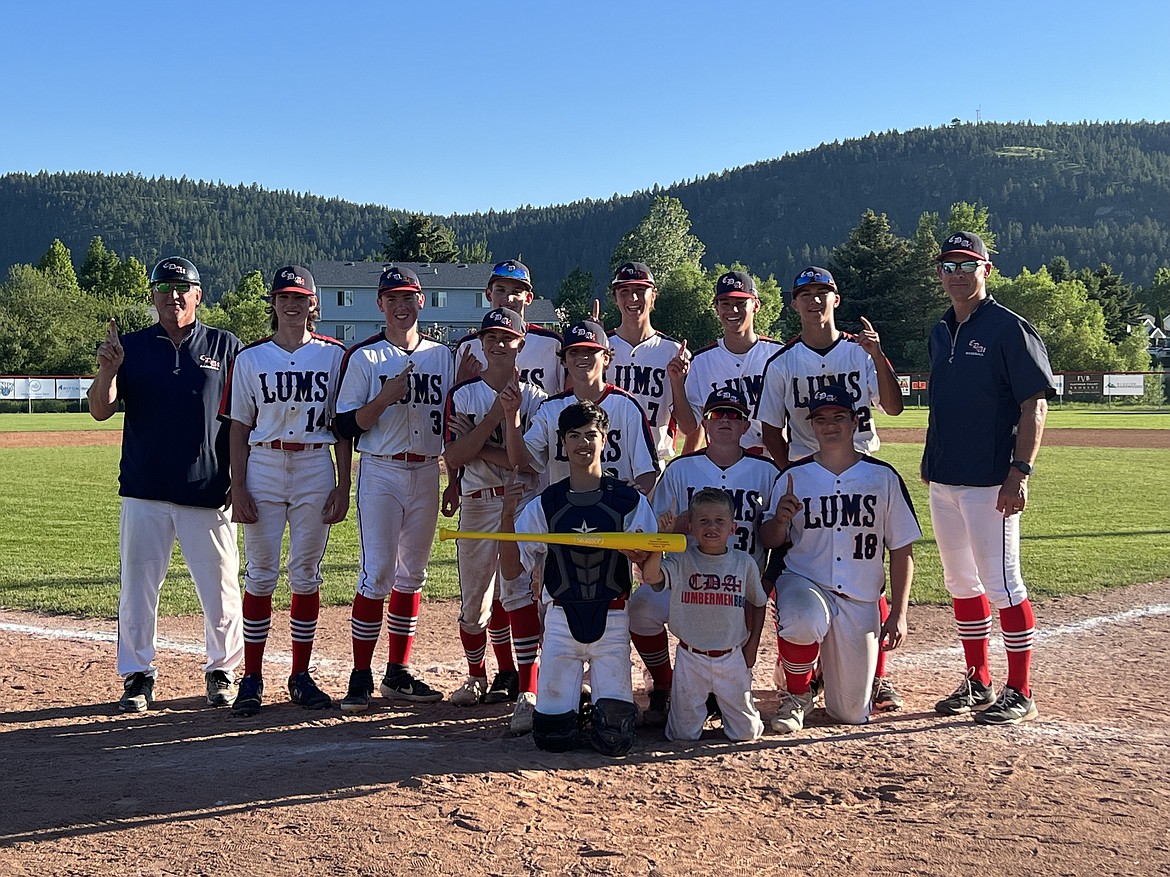 Courtesy photo
The Coeur d'Alene Lumbermen "A"/16U baseball team traveled to Kalispell, Mont., for the Flathead Lake Invitational last weekend and went 4-0. The Lums piled up 42 runs during the four-game stretch on the way to winning the championship over the host Kalispell Lakers 9-6. In the front row from left are Tanner Franklin and bat boy Corbin Rodda; middle row from left, Elliot Haynie, Hudson "Huddy" Kramer, Charlie Dixon, Clifford Eddington and coach Gil Pierce; and back row from left, coach Jim Allisoin, Mark Holecek, Trevor Rodda, Nathan Doud, Jace Sanderson, Sean Jimenez and Jack Pierce. Not pictured are coach Spencer Van Linge, Baden Van Linge and Jayson Ross.