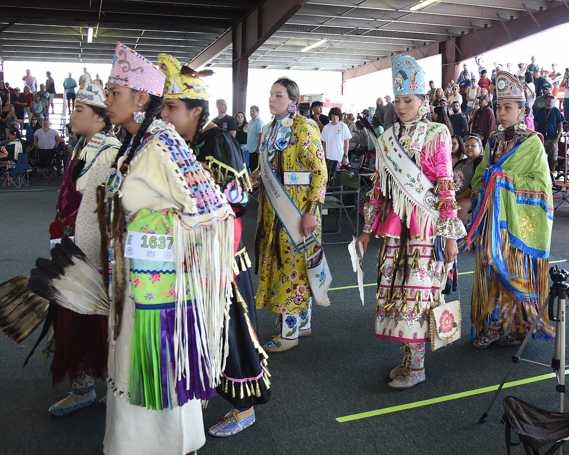 Several princesses representing some of the 50+ tribes at this intertribal event dance in the Grand Entry. (Marla Hall/For the Leader)