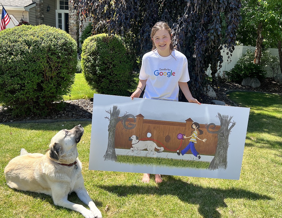 Incoming Post Falls High School sophomore Kaylin "Kyle" O'Halloran and her good buddy Bella showcase Kaylin's Doodle for Google Student Contest artwork Wednesday. People can go online today through July 12 to cast votes for their favorite Doodle for Google entry. Kaylin won the Idaho contest and is now competing to be one of five national finalists.
