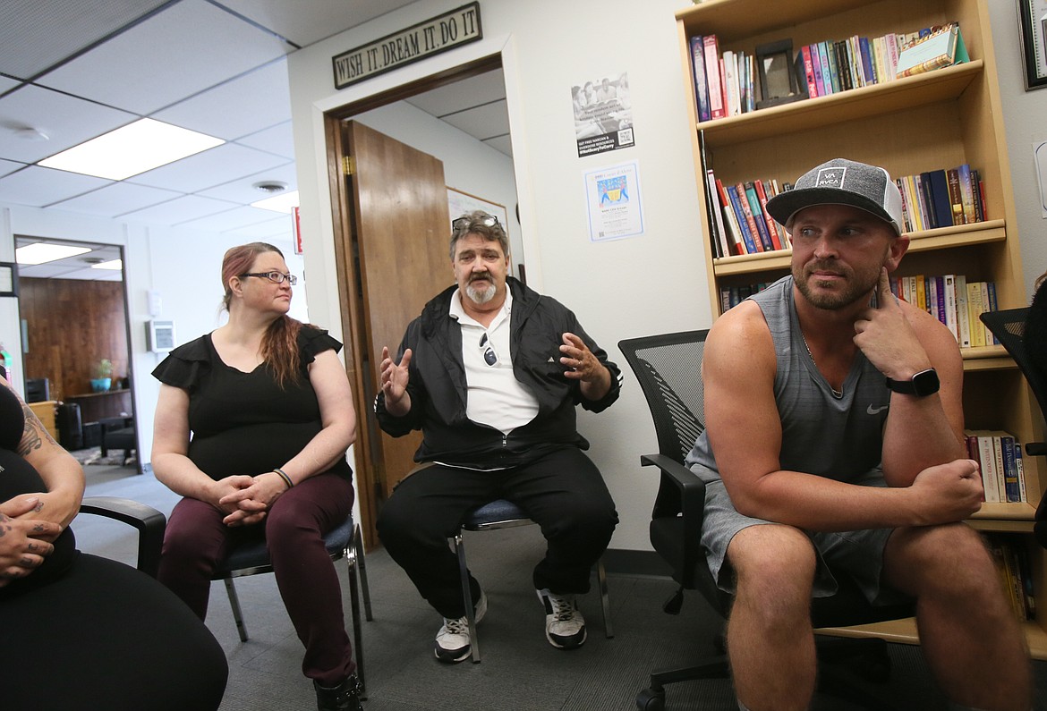 Kootenai Recovery Community Center volunteer Dave Brown opens up about his experiences that led him to find support, friends and purpose at the center Thursday. Also pictured: Bethany Redman and Josh Ericson.