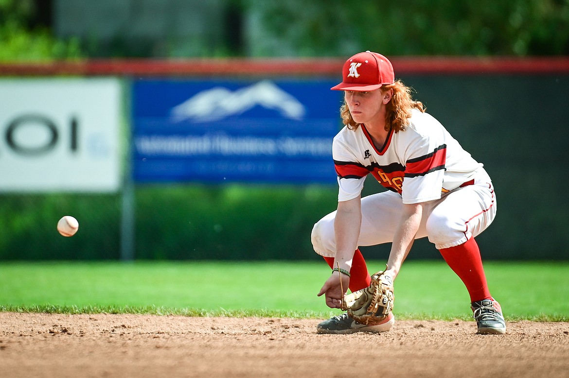 Kalispell Lakers A second baseman Kent Fahnlander (15) waits on a grounder against the Bozeman Bucks A in the John R. Harp Memorial Baseball Tournament at Griffin Field on Friday, July 8. (Casey Kreider/Daily Inter Lake)