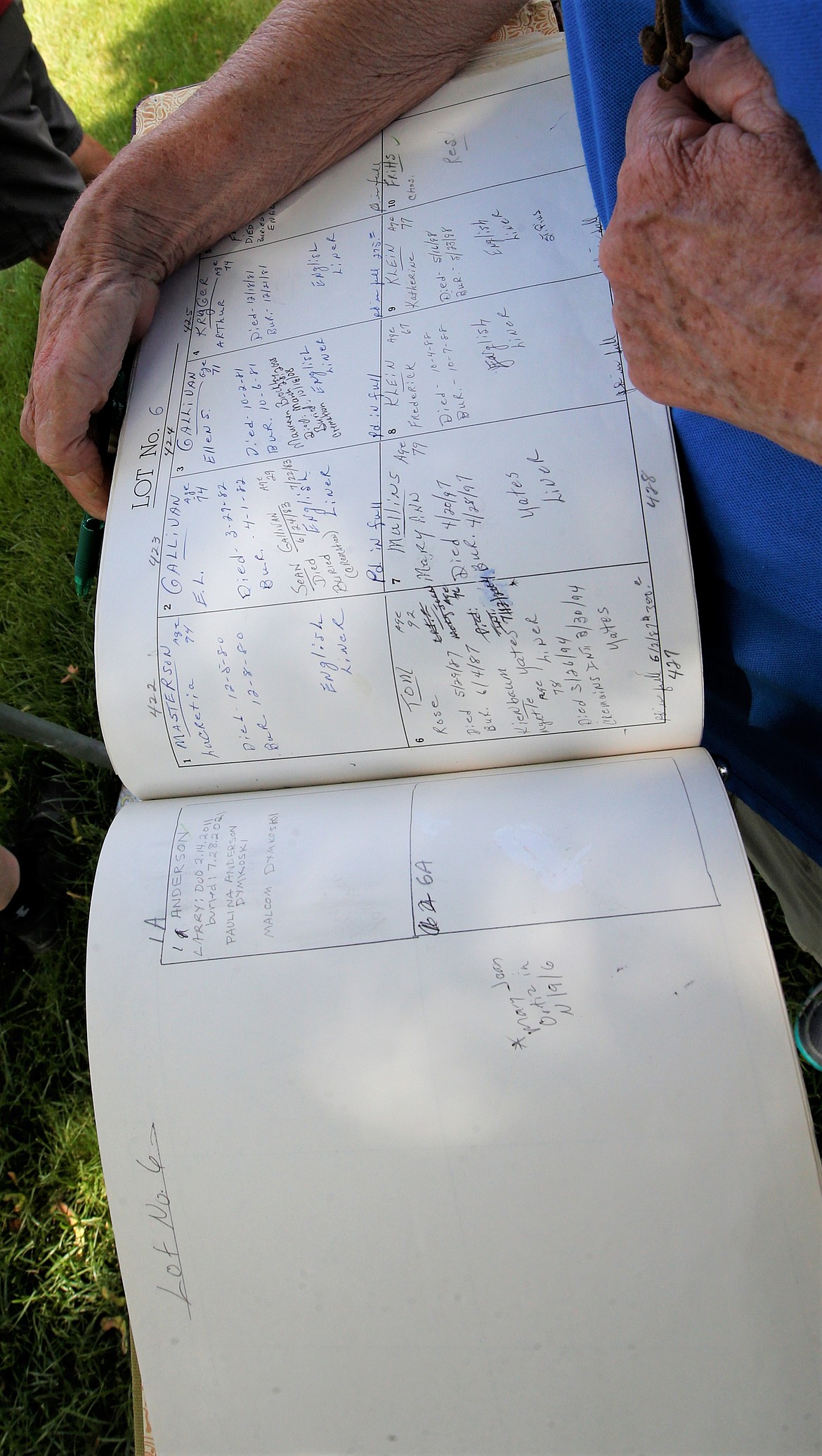 Some of the records of burial sites at St. Thomas Cemetery.
