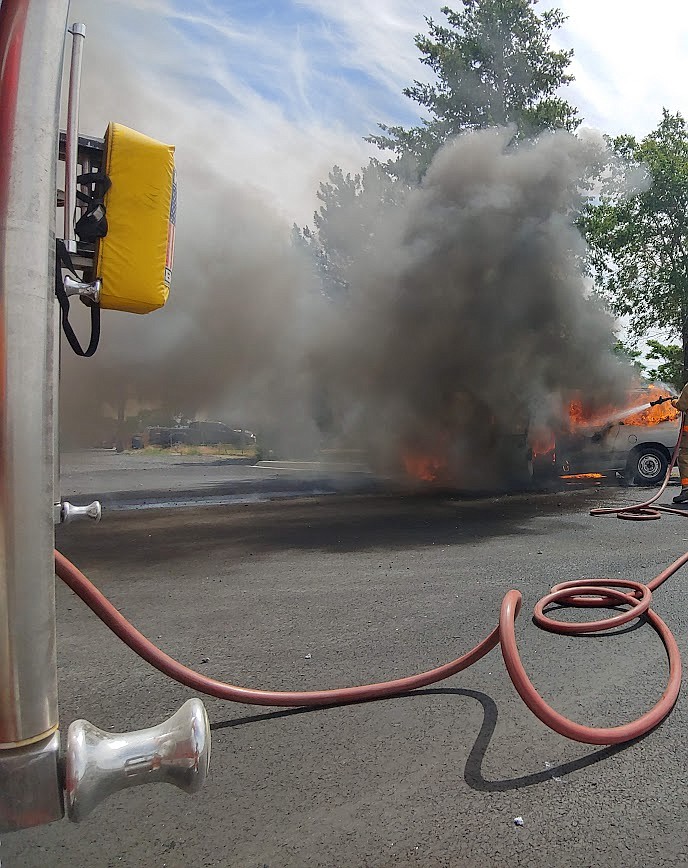 Friday afternoon, Grant County Fire District 7 put out a vehicle fire which had also spread to a tree nearby.