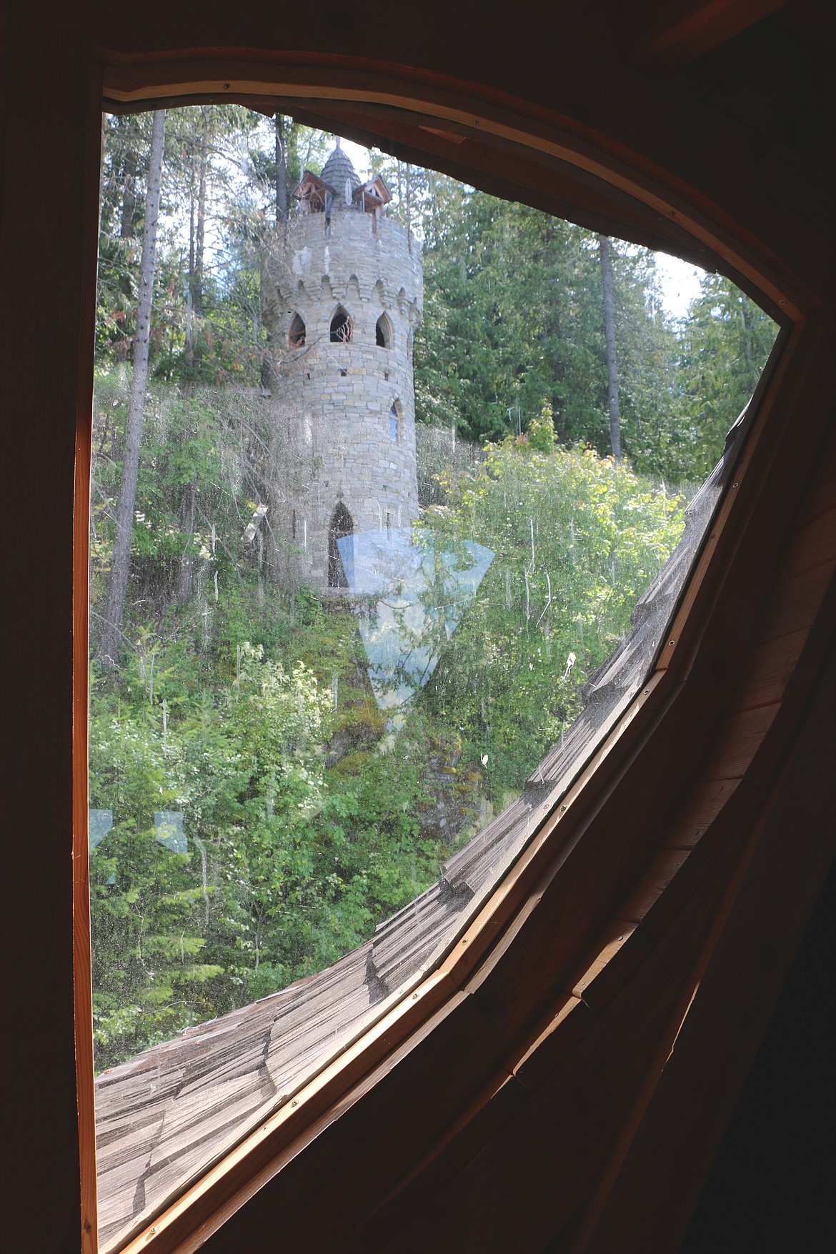 A view of a viewing tower from Castle Von Fransen. Constructed by the History Channel for the current owner as a gift, the tower provides stunning views of Lake Pend Oreille.