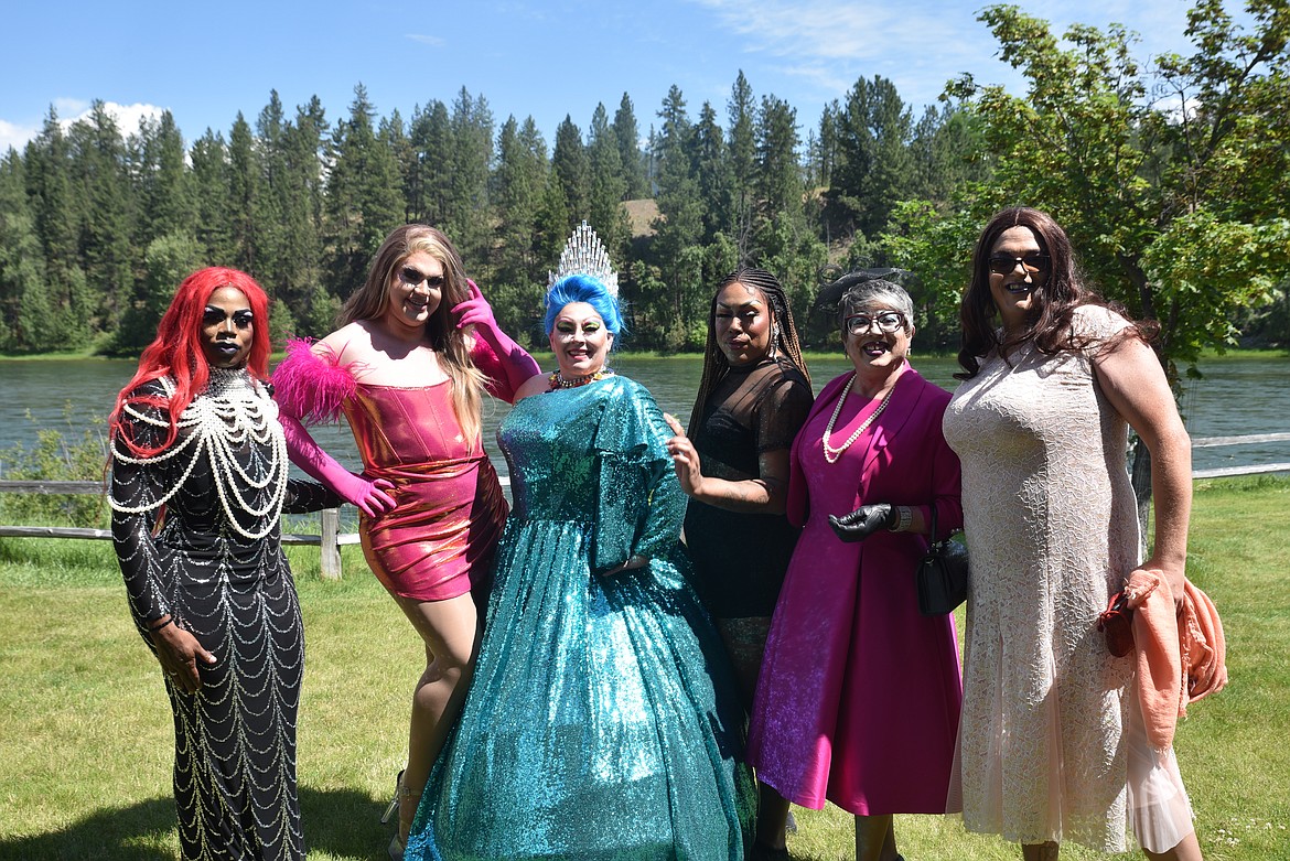 From left, are the drag performers at Saturday's Lincoln County Pride Festival, Sativa Jones St. James, DNA Experience, Diana Bourgeois, Freedom Rights, Nova Kaine VI and Kathryn, Libby's first drag queen. (Scott Shindledecker/The Western News)