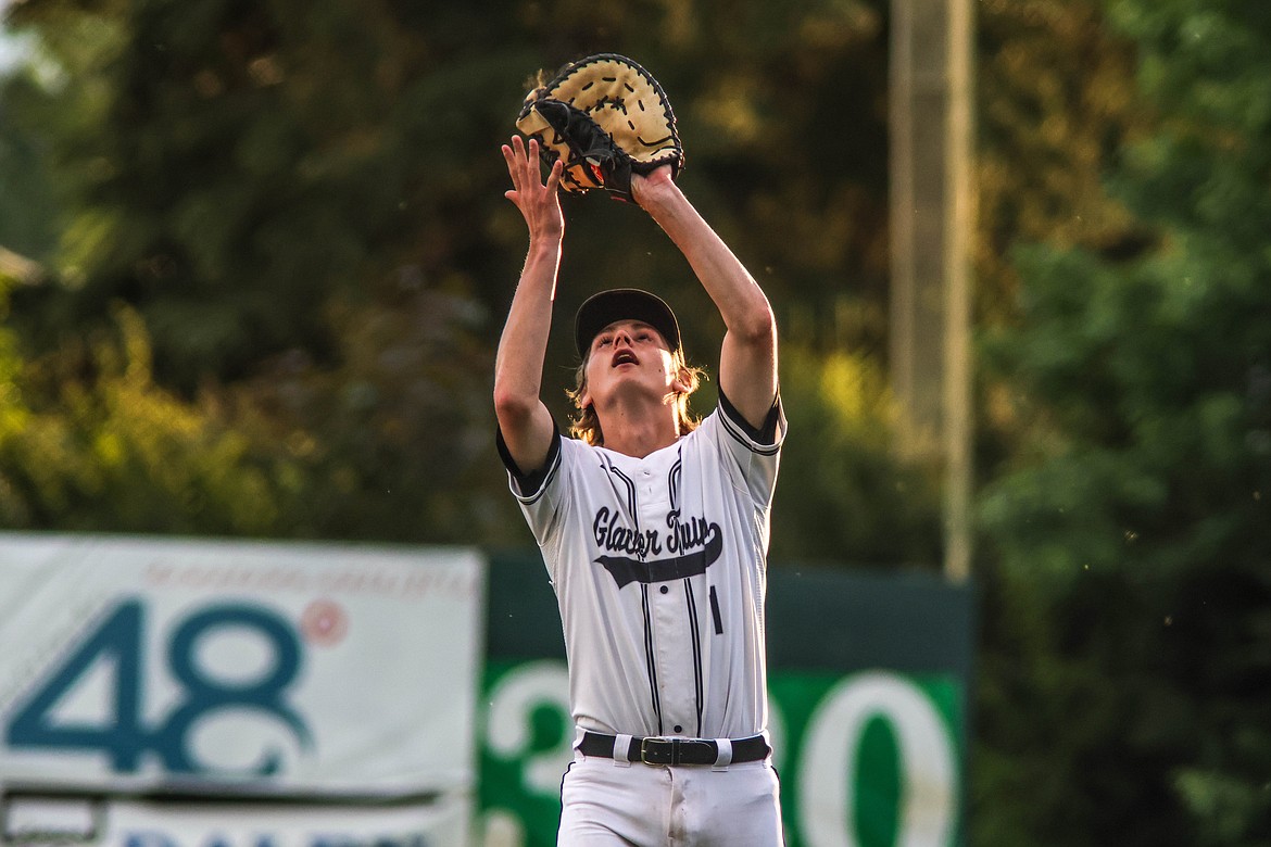 First base player Stevyn Andrachick reaches up for a fly ball at Memorial Field on Thursday. (JP Edge photo)