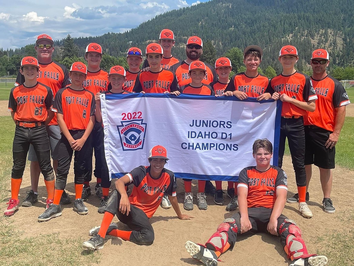 Courtesy photo
The Post Falls All-Stars won the Junior (U13) division last Friday at the Idaho Little League District 1 baseball tournament at Canfield Sports Complex in Coeur d'Alene. As there are no Junior all-star teams in District 2, Post Falls advances directly to regionals in Bend, Ore. In the front row from left are Timothy Howard and Bryce Berger; second row from left, Isaiah Kearney, Taylor Holding, Noah Stielstra, Sam Shearer, Mason Perkins, Jackson Schreibeis and Camden Fitzpatrick; and back row from left, coach Gordon Ahlgren, Kainen Palma, Jonas Brown, Tanner Boviall, head coach Nathan Collier, Gavin Ahlgren and coach Bryan Pratt.