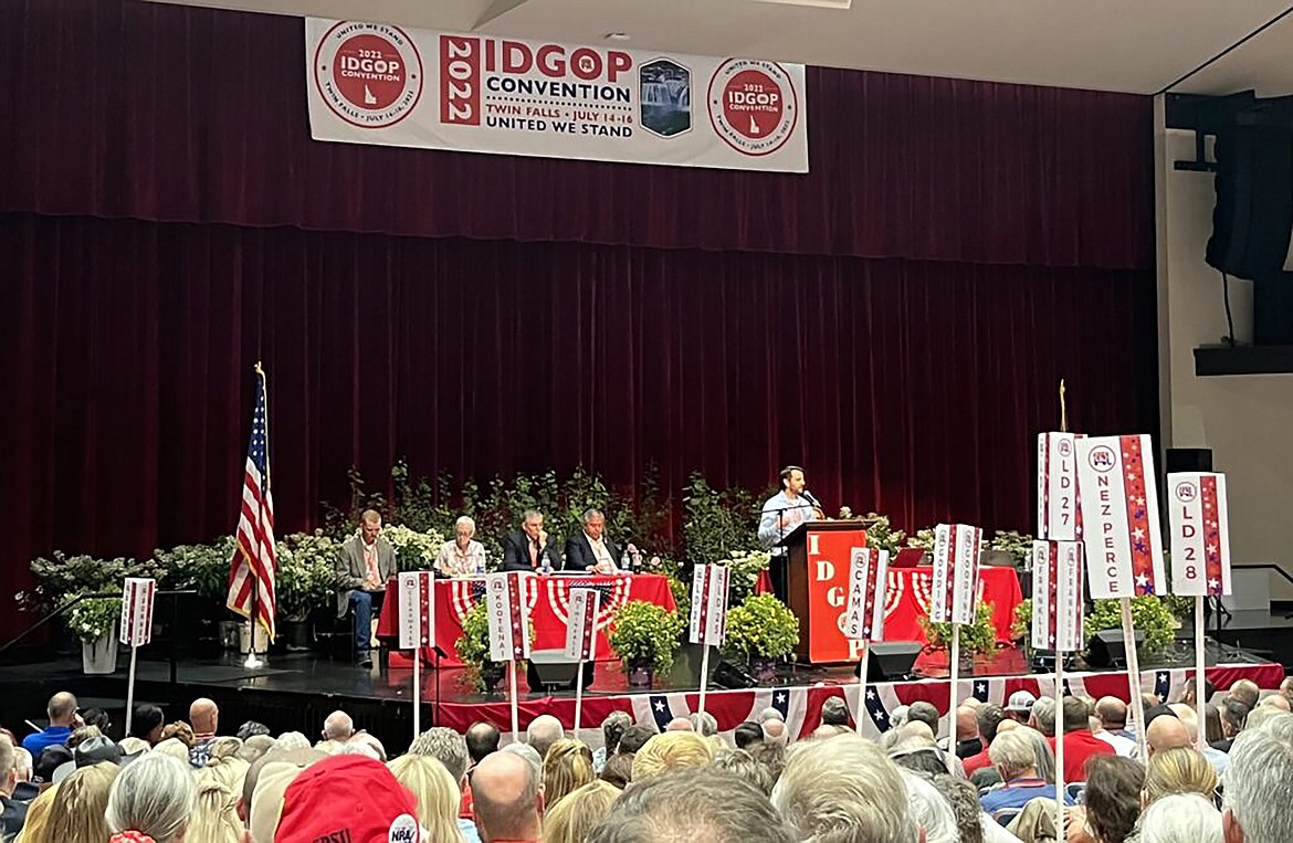 Representatives of the Idaho Republican Party speak to delegates at the general session on Friday afternoon.