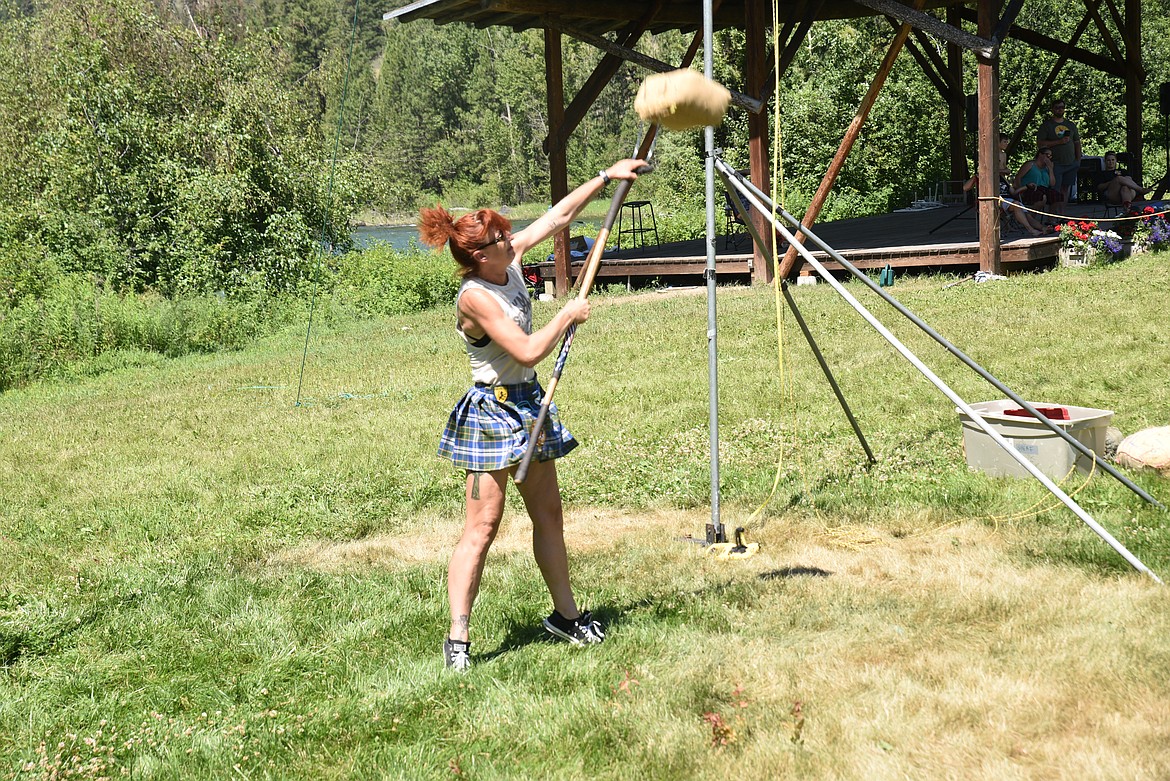 Bonnie Duff, of Fruitland, Idaho, competed in the sheaf toss Saturday at last weekend’s Kootenai Highland Gathering. The event was the 10th annual affair. (Scott Shindledecker/The Western News)