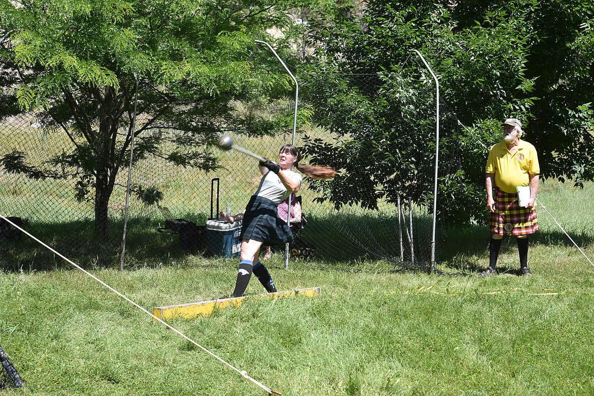 Washington state resident Terra Meyers competed in the hammer toss Saturday at last weekend’s Kootenai Highland Gathering. The event was the 10th annual affair. (Scott Shindledecker/The Western News)