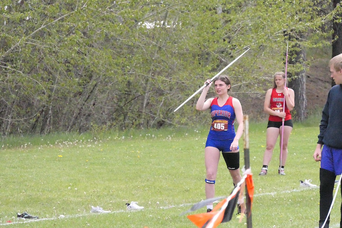 Superior graduate Sorren Reese prepares to let the javelin fly during this year's Montana B-C Divisionals in Frenchtown. Reese recently advanced to the USATF finals in the heptathlon at the end of July. (Chuck Bandel/MI-VP
