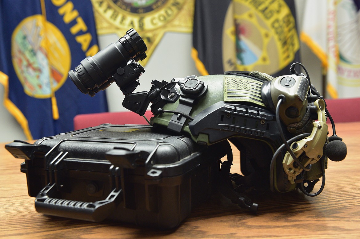 SWAT team leader Travis Smith's helmet with night vision goggles attached. (Julie Engler/Whitefish Pilot)