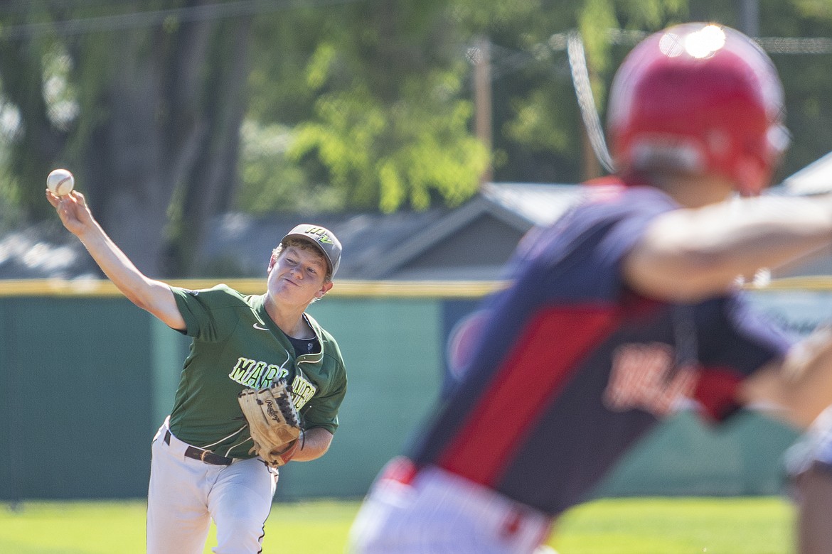 Mission Valley pitcher Wyatt Wadsworth rifles a strike across the plate. (Rob Zolman/Lake County Leader)