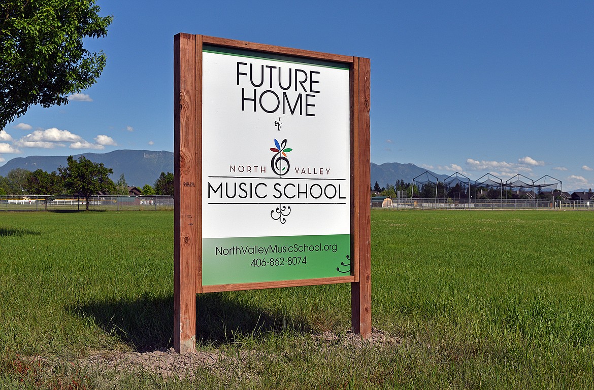 A sign at the Smith Fields Complex shows the future site of the North Valley Music School campus. (Whitney England/Whitefish Pilot)