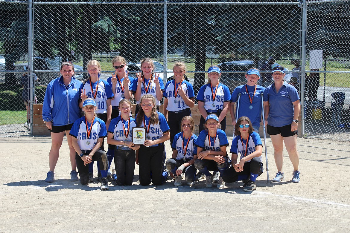 Courtesy photo
The Coeur d’Alene Crush 12U softball team competed in its last tournament of the summer this past weekend. The Crush took second place in the gold bracket at the Summer River Bash in Hayden with a 5-1 record, scoring 73 runs and allowing 20 runs. In the front row from left are Macy Waterhouse, Molly Nelson, Maddy Pratt, Ada Blakemore, Emme Bond and Malena Munoz; and back row from left, coach Bailey Cavanagh, Madeline Peterson, Sophia Piekarski, Rylan Morrison, Reese Vanek, Kadence Barcus, Jenna Davenport and coach Patti Davenport.