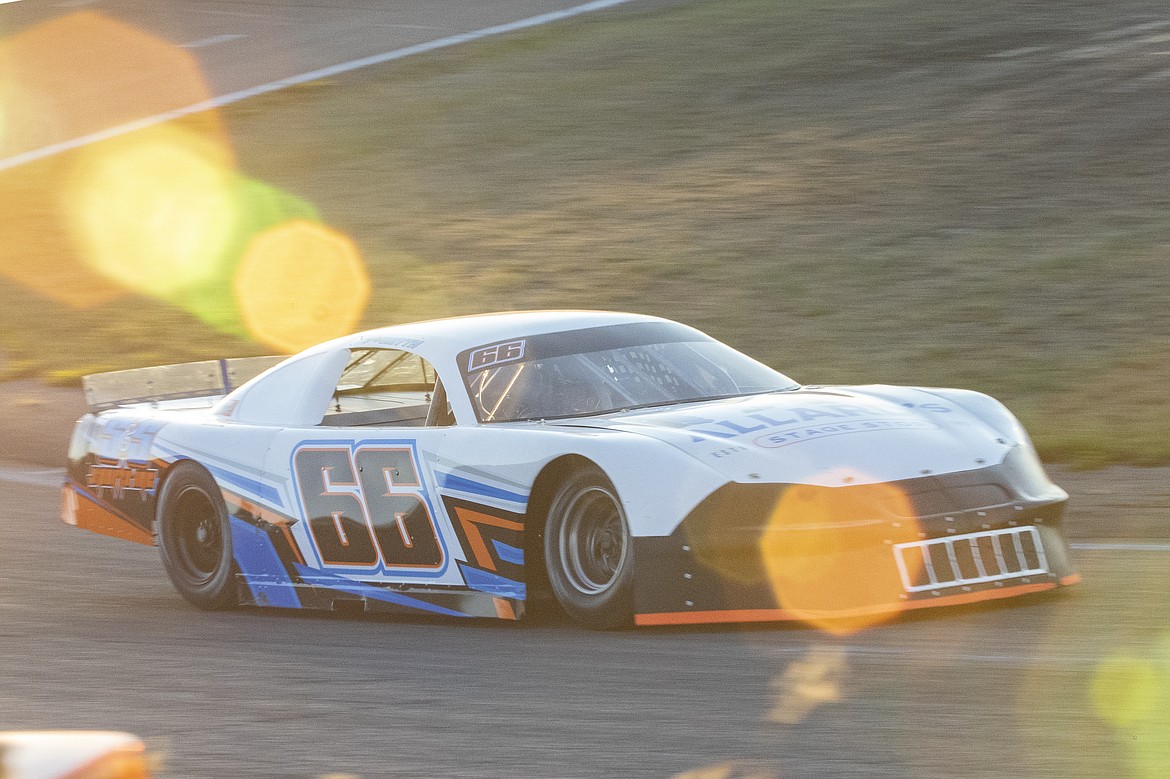 St. Ignatius racer Jeff Smyth, driver of car #66, races down the track during the Montana 200 hosted at the Mission Valley Super Oval on Saturday evening in Pablo. (Rob Zolman/Lake County Leader)