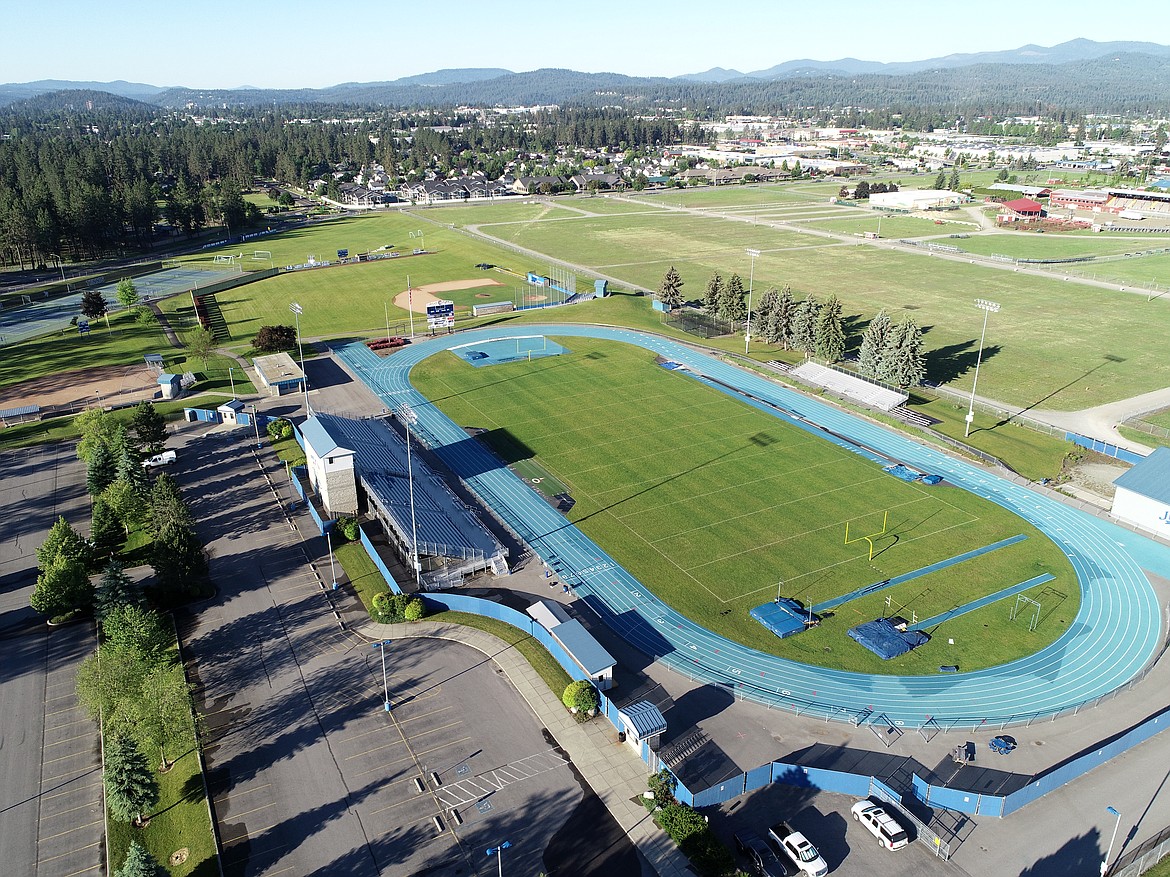 The athletics fields at Coeur d'Alene High School, looking southwest. The Viking Field of Dreams project will upgrade the main field with artificial turf as well as new entry gates, a new sound system and video scoreboard. The start date is spring 2023 to be completed by end of that summer.