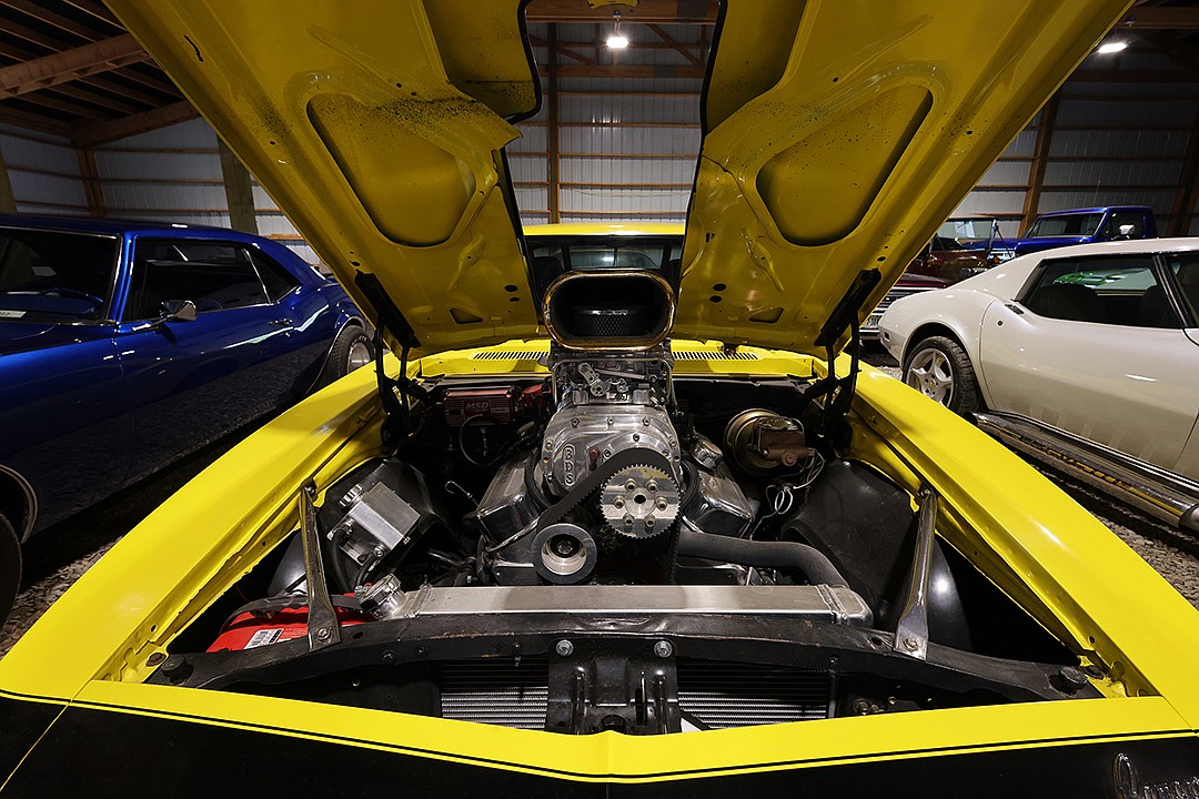 The yellow 1968 Camaro in the Donny Stevens collection boasts an 850 horse power 496 engine. (Jeremy Weber/Daily Inter Lake)