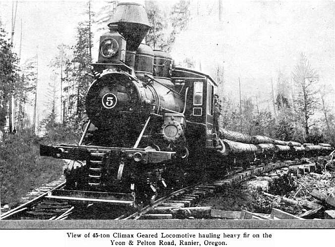 A 45-ton Climax Geared Locomotive hauling logs near Rainier, Ore., circa 1920, is similar to the locomotive used in this story.