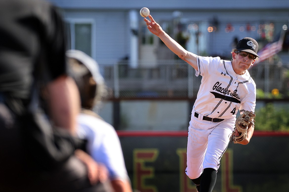 Hayden Meehan delivers a pitch in the seventh inning of the Glacier Twins win over Cranbrook in the American Legion West A District Tournament in Kalispell on Thursday, July 21. (Jeremy Weber/Daily Inter Lake)