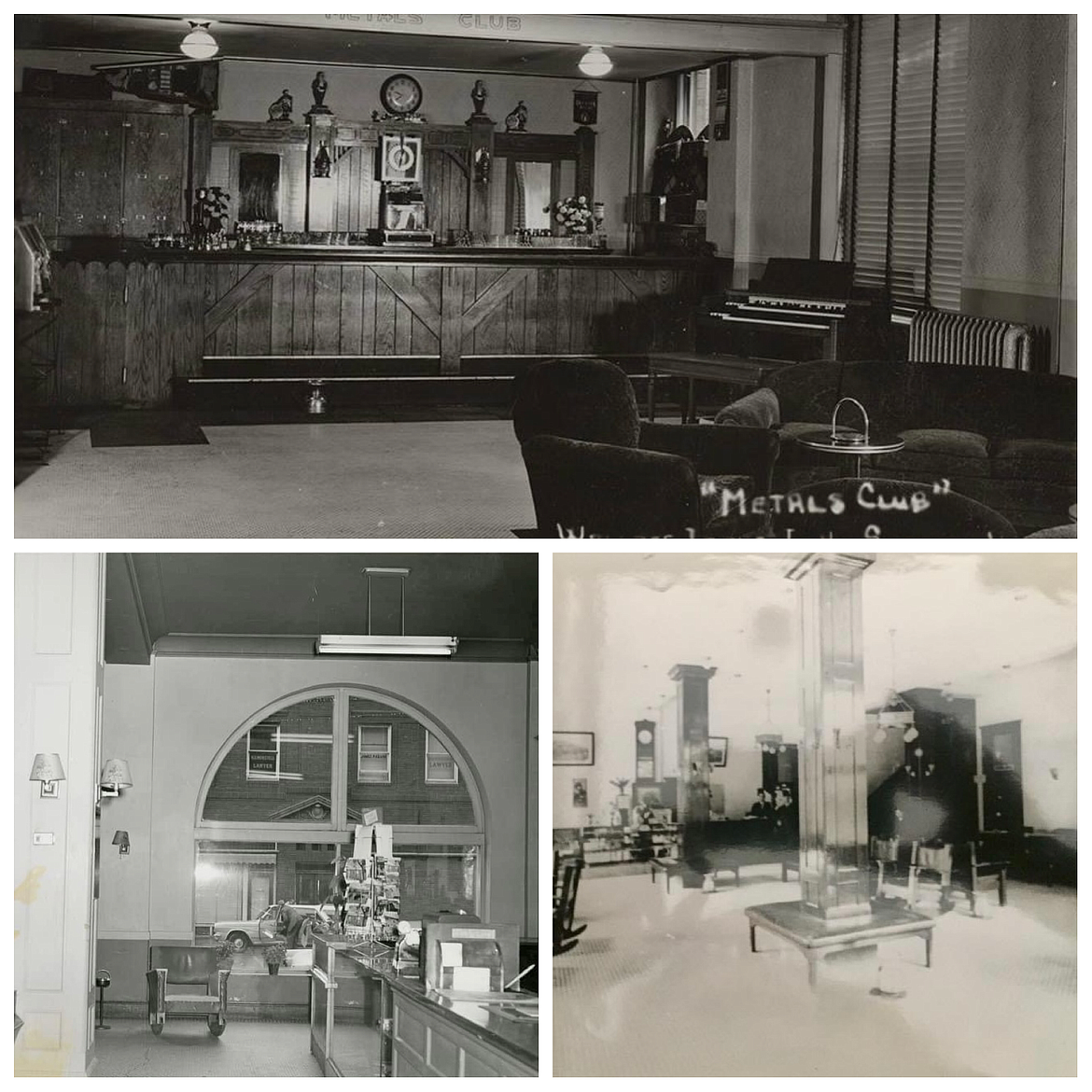 Scenes from the lobby of the Samuels Hotel, including the original Metals Bar (top), which was moved two more times before landing at its current location. The hotel was a major part of the social life in Wallace.