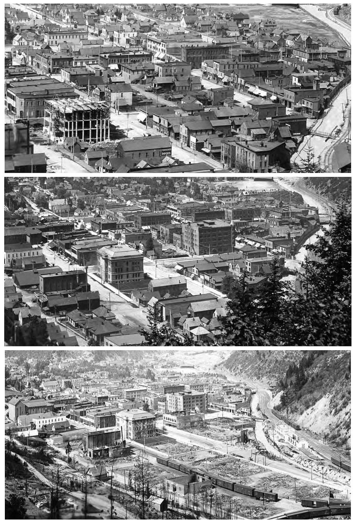 These photos (dated from the top 1906, 1909 and 1910) show the progression of the downtown Wallace area, including the construction of the courthouse in 1906 when the lot formerly occupied by the Samuels was nothing more than a few shacks. Then following the completion of it and the courthouse, the Samuels was an imposing structure. In 1910, when the Big Burn happened, the courthouse, the Samuels, and the recently completed Worstell building (across from the courthouse) acted as a fire break that prevented the fire from turning west into more of the downtown area.