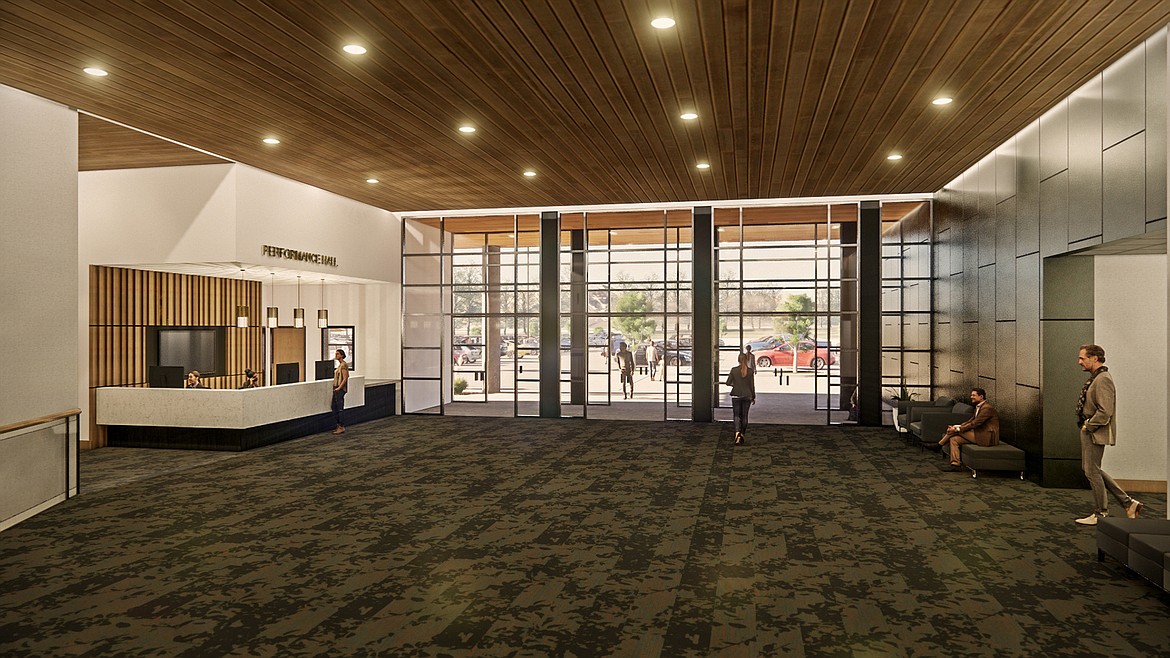 An artistic rendering looking west in the Jane A. Karas Reception Hall at the Paul D. Wachholz College Center at Flathead Valley Community College