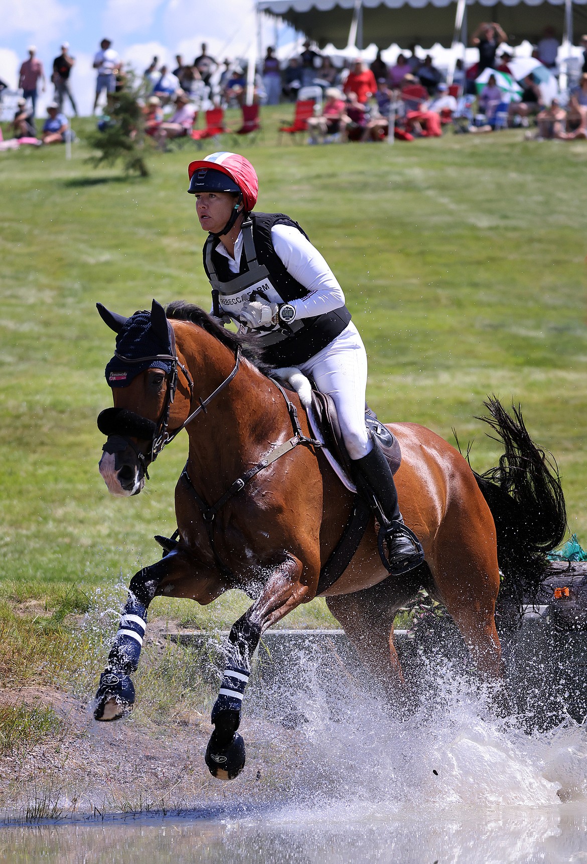 Tamra Smith rides "Solaguayre California" through the second water feature of the three-star long course at The Event at Rebecca Farm July 23. (Jeremy Weber/Daily Inter Lake)
