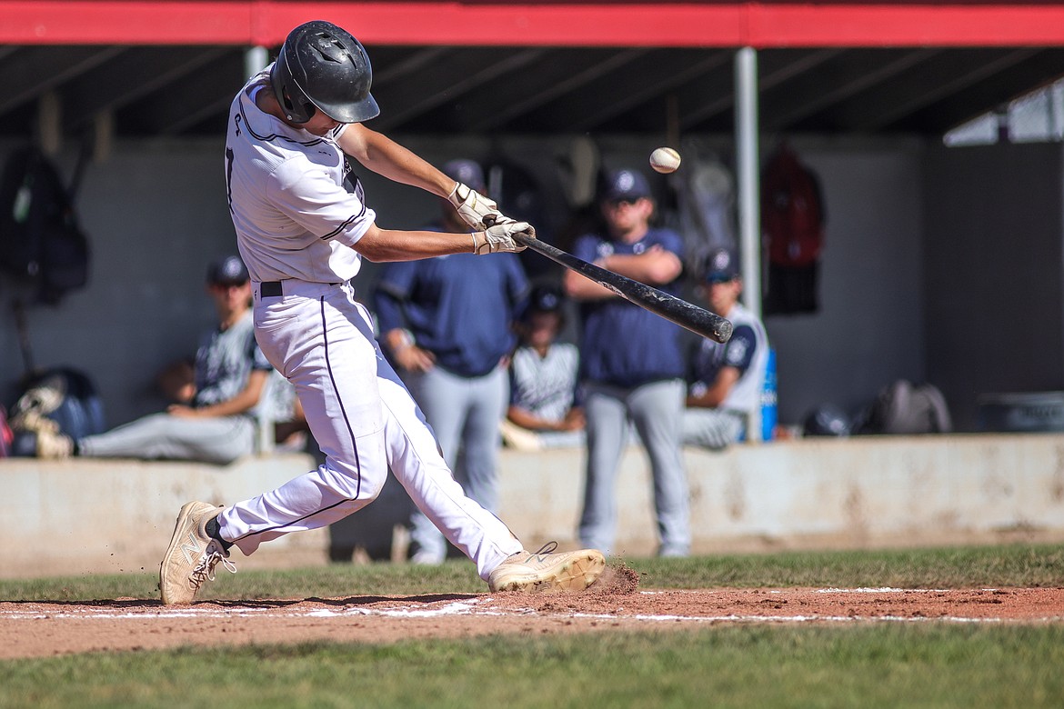 Stevyn Andrachick takes a swing during a game on Friday of the West A District Legion baseball tournament in Kalispell. (JP Edge photo)