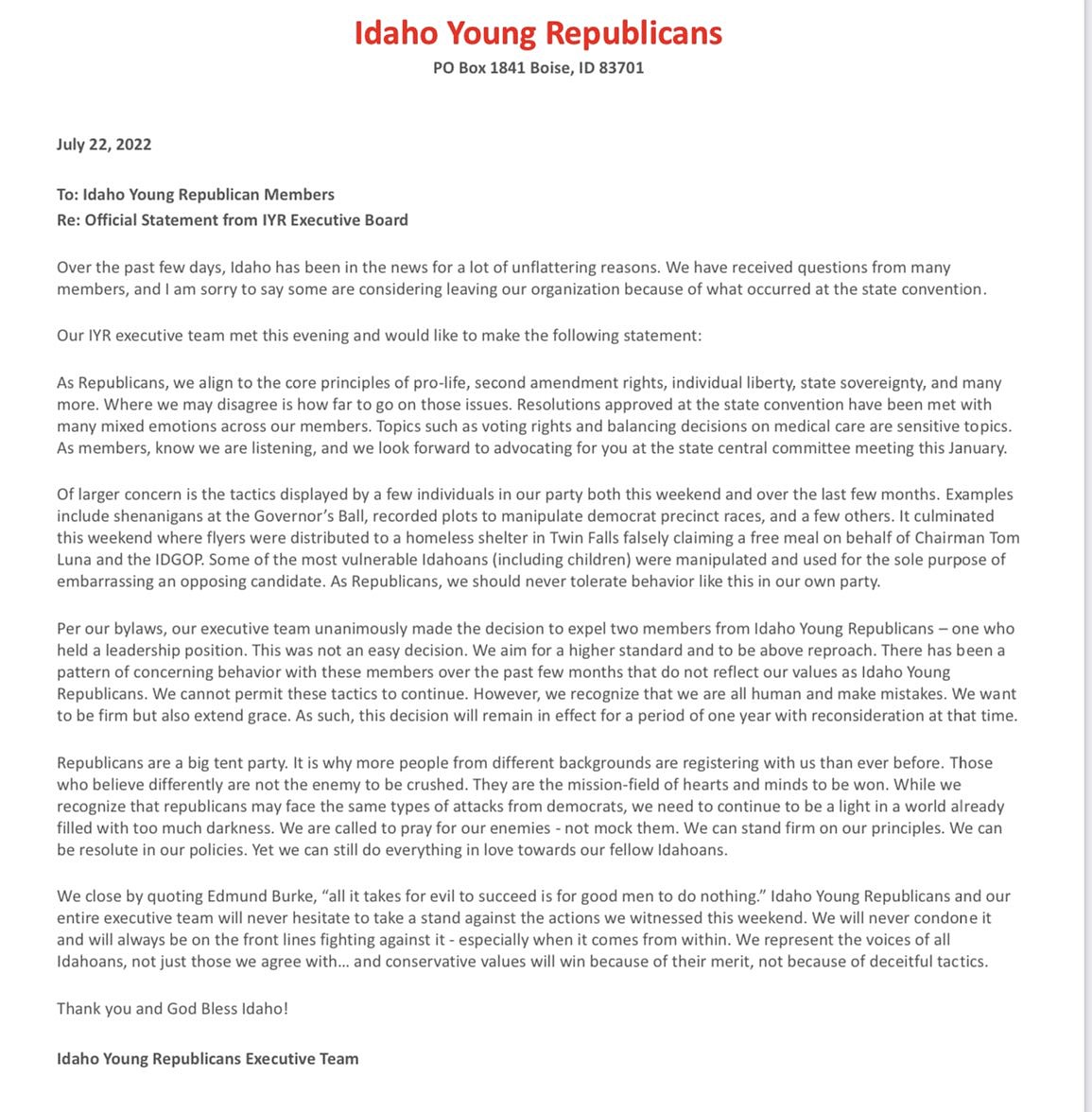 Official statement from the Idaho Young Republicans Executive Board
July 22, 2022