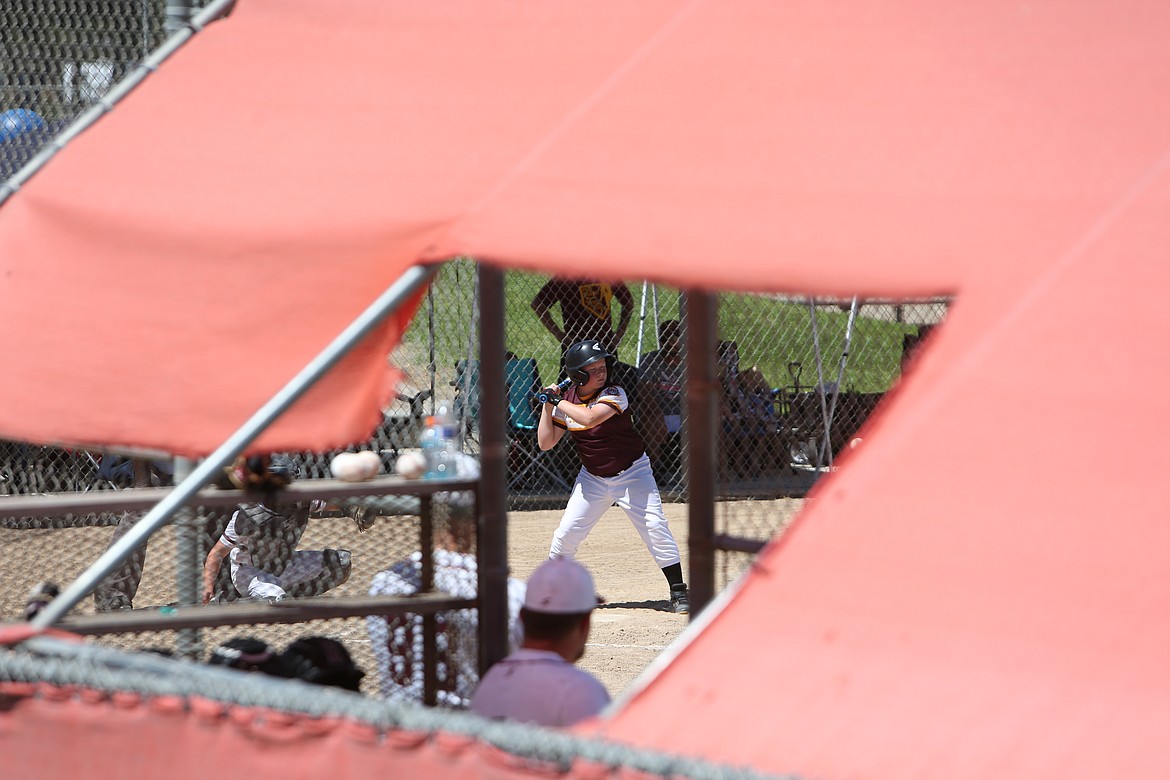 Moses Lake’s Carson Whitaker waits inside the batter’s box for a pitch against the Idaho Rampage.