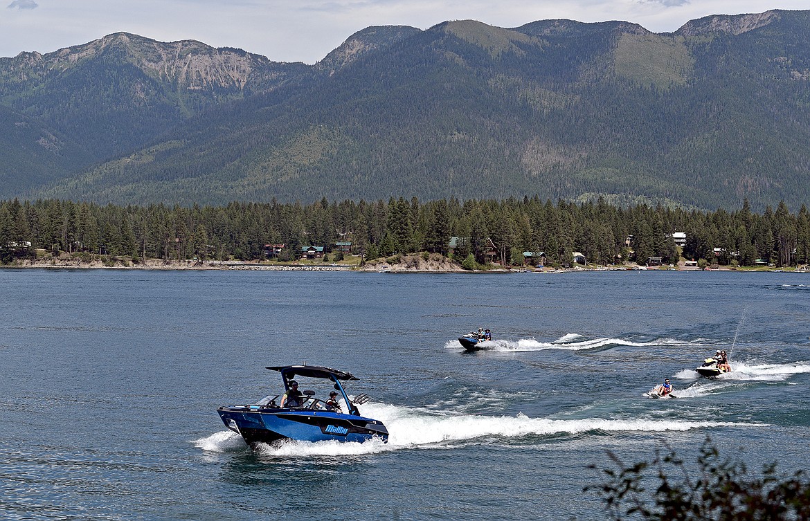 A Malibu boat donated for the week by Launch Watersports tows a water skier during DREAM Adaptive's week-long annual Water Sports Program at Echo Lake. (Whitney England/Whitefish Pilot)