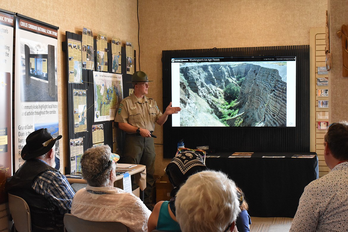 David McWalter, the interpretive specialist for the Coulee Corridor and Dry Falls Visitor Center, gave a presentation at the visitor center chronicling the ice age floods and their impact on the area.
